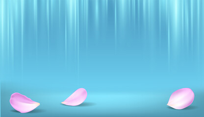 Abstract minimal scene with geometric forms. Blue background with leaves. product presentation, mock up, show cosmetic product display Podium stage pedestal or platform. 3d vector.