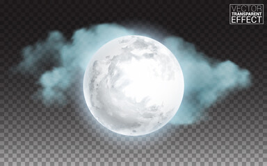 Realistic detailed full moon with blue clouds isolated on transparent background. Vector illustration.