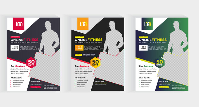 Vector layout design Flyer template for gym and fitness. Black background with abstract shape. Vector illustration with photo collage. Suitable for social media And flyers or banner