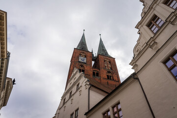 Fototapeta na wymiar Spiers of St. Mary church. Hansestadt Stendal is a medieval town in Saxony-Anhalt state. Germany.