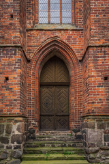 Gothic facade and door of St. Mary church. Hansestadt Stendal is a medieval town in Saxony-Anhalt state. Germany.