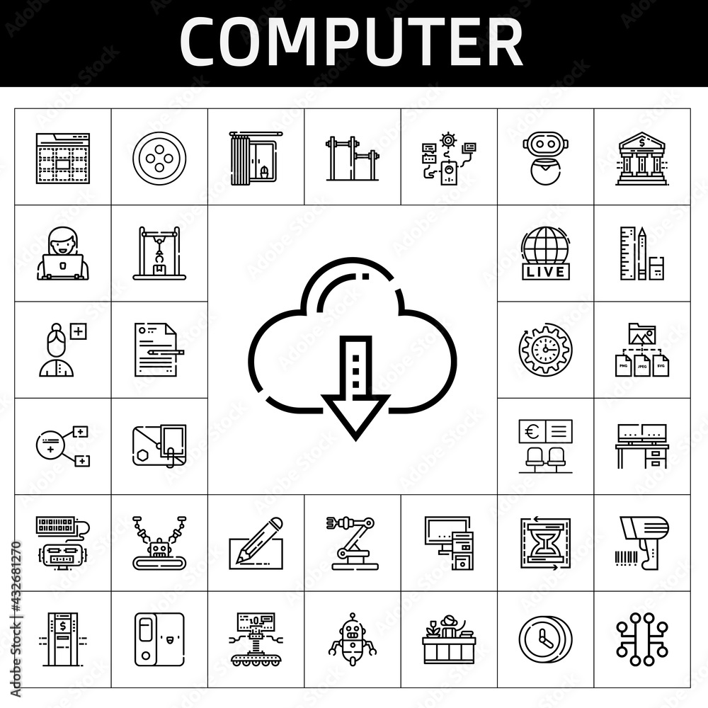 Aufkleber computer icon set. line icon style. computer related icons such as scanning, school material, robot,