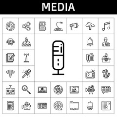 media icon set. line icon style. media related icons such as antenna, megaphone, tv, audiobook, networking, carousel, film reel, voice recorder, notification, music, playlist