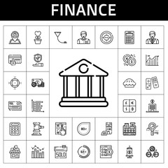 finance icon set. line icon style. finance related icons such as insurance, shop, funnel, cash register, pie, auction, line chart, analytics, online shop, bank, percentage