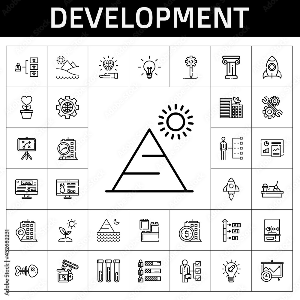 Poster development icon set. line icon style. development related icons such as settings, website, developm