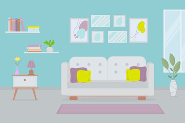 Living room interior. Flat style vector illustration. Comfortable sofa, shelf, book, window and house plants.