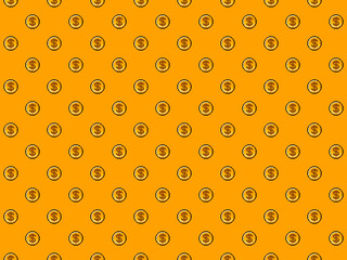 Pixel dollar coin with on yellow background - seamless pattern