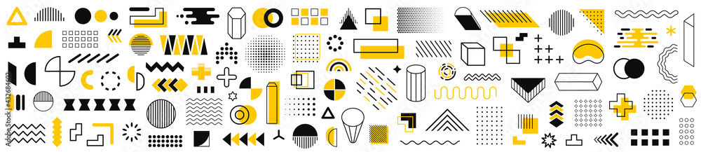 Poster set of 115 geometric shapes icons. memphis design retro elements. collection trendy halftone geometr