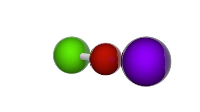 Sodium hypochlorite (NaOCl or ClNaO). It is used as an oxidizing and bleaching agent and as a disinfectant. 3D render. Seamless loop. Chemical structure model: Ball and Stick. White background.