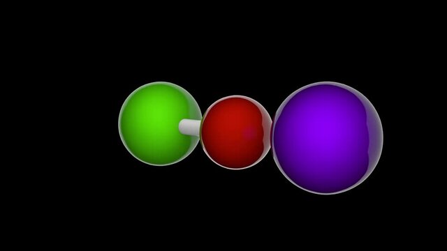 Sodium hypochlorite (NaOCl or ClNaO). It is used as an oxidizing and bleaching agent and as a disinfectant. 3D render. Seamless loop. Model: Ball and Stick. RGB + Alpha (Transparent) channel.