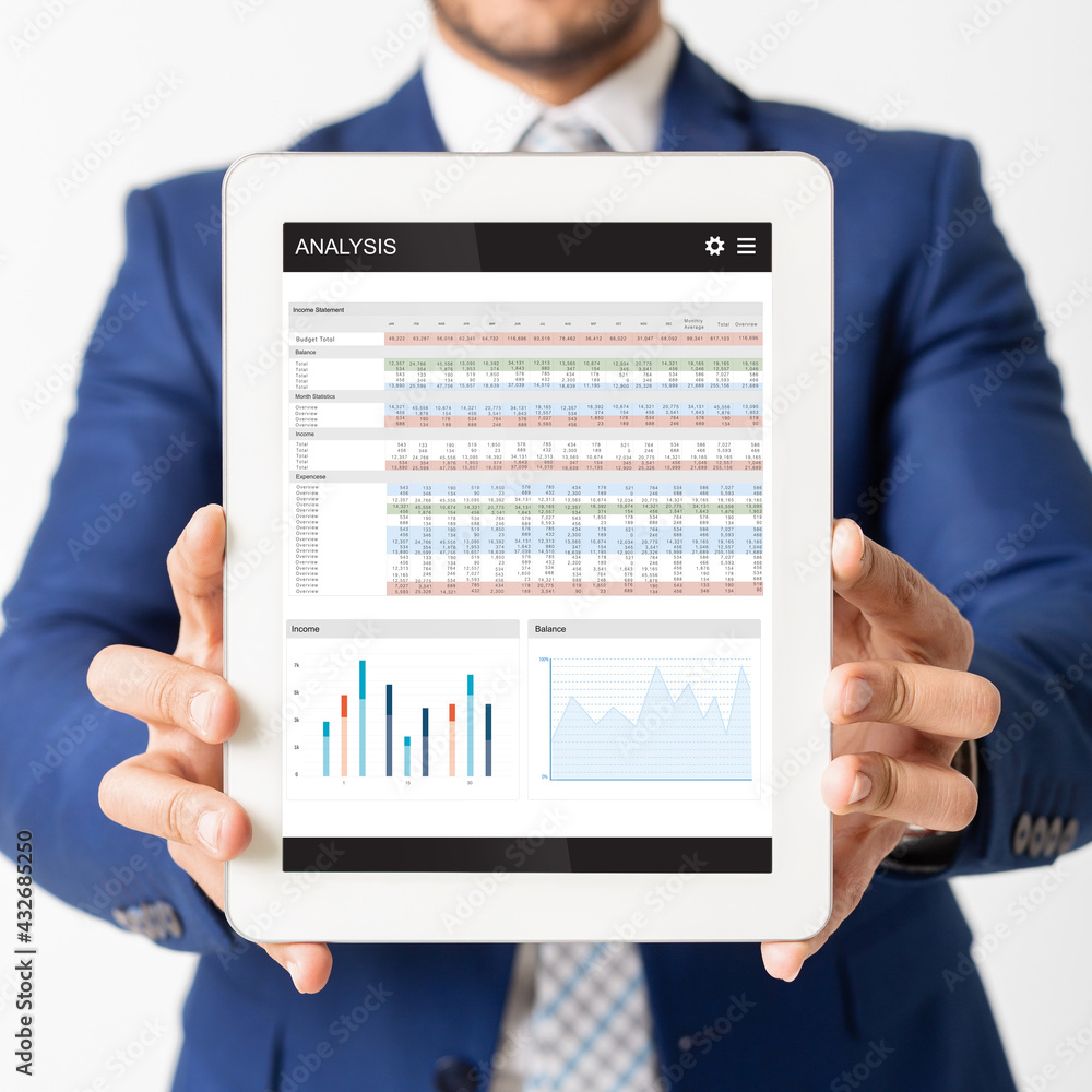 Aufkleber Digital tablet with analysis app on screen in businessman hands