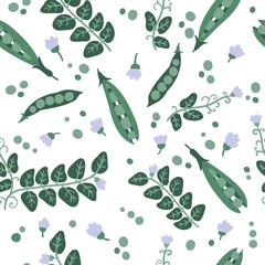 Doodle green peas vector seamless pattern. Hand-drawn texture for kitchen wallpaper, textile, fabric, paper. Food background. Flat vegetables on white. Vegan, farmed, natural