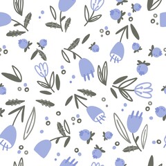seamless pattern with doodle summer flowers, leaves and berries.vector hand drawn illustration. design for postcards, t-shirts, covers, fabrics.