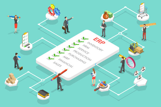 3D Isometric Flat Vector Conceptual Illustration of ERP - Enterprise Resource Planning, Business Automation and Innovation