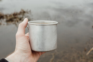 Mug for drinks. Travel mug. Aluminum cup.