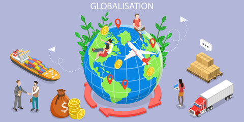 3D Isometric Flat Vector Conceptual Illustration of International Trade, Globalization and Economic Interdependence, International Business Network Relationships - obrazy, fototapety, plakaty
