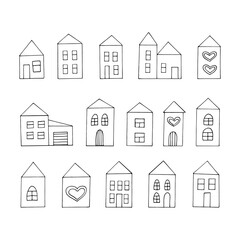 house doodle style decor set icon. hand drawn, nordic, scandinavian. vector, minimalism, monochrome. sticker, poster, card. building. heart love