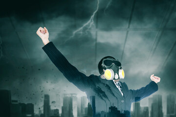 Businesswoman raising hands with angry expression