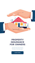 Fototapeta na wymiar Property insurance for owner banner. Male hands are protectinging the house from danger. House protection, home safety security service, Real estate insurance concept for web. Flat vector illustration