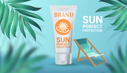 Sun protection cosmetic vector realistic ads poster sunscreen product white tube and green tropical leaves on turquoise blue background. Banner Spf cosmetics mock up.