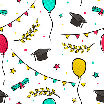 Seamless graduation pattern with doodle style elements. Cartoon holiday background with flags, balloons, stars, laurel branches and a graduate cap. Vector illustration with halftones ornaments.
