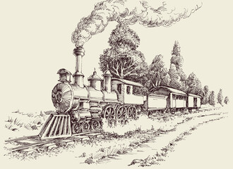 Old steam train on railways landscape hand drawing