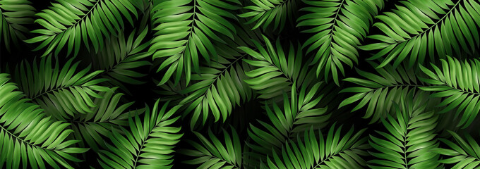 Naklejka na ściany i meble Background for web banner. Summer botanical exotic pattern with green palm tropical leaves on dark. Vector on a black background for textile print design cosmetics, spa, medical products, travel.
