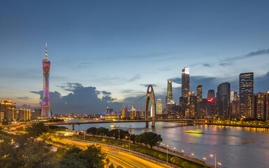 wide-angle night view of Guangzhou Zhujiang New Town financial district, Guangdong, China.