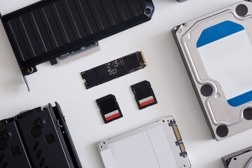data storage devices concept with Hard Disk, Solid State Drive (SSD), SSD M.2 PCIE NVME.
