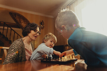 Two brothers learning play chess in the room