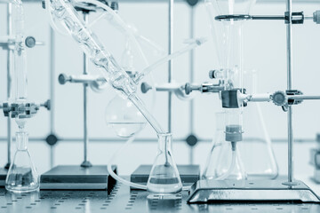 Glass chemical equipment in a chemistry lab