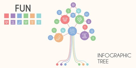 fun vector infographic tree. line icon style. fun related icons such as crocodile, chameleon, surfboard, flippers, popsicle, skeleton, swing, ice cream, walrus, fonts