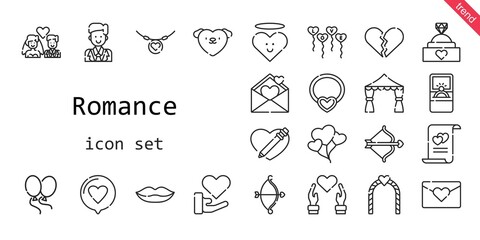 romance icon set. line icon style. romance related icons such as love, groom, engagement ring, balloons, broken heart, necklace, heart, cupid, lips, wedding arch, marriage, love letter, newlyweds,