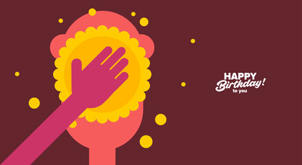 Birthday. Simple, fun, vector illustrations. Happy birthday greeting. A happy man's face and a pie in the face. © Molibdenis-Studio