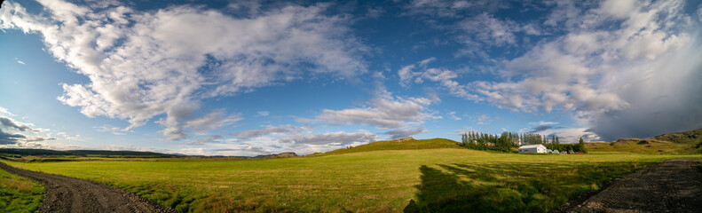 Panorama of a green landscape in Iceland