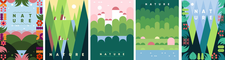 Obraz premium Nature. A set of vector illustrations. Summer landscape. Background geometric pattern for a banner, poster, or flyer.