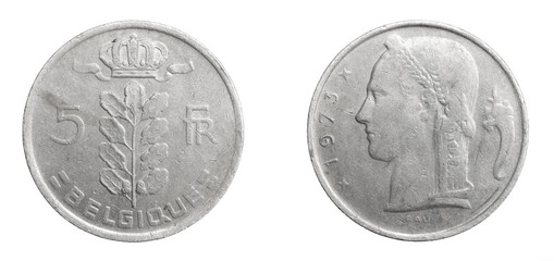 Belgium five francs coin on white isolated background