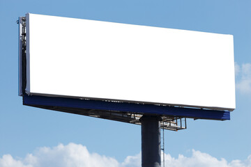 Horizontal billboard against a blue sky on a thick round stand. Mock up.