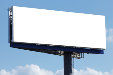 Obraz premium Horizontal billboard against a blue sky on a thick round stand. Mock up.