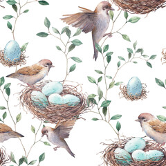 Watercolor seamless pattern with nest, birds and tree twigs. Repeating hand drawn spring background. Vintage wallpaper with sparrow and eggs