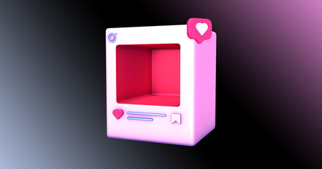 3d rendering illustration of a social media profile example with heart, save and like symbols and icons and a character cartoon style inside