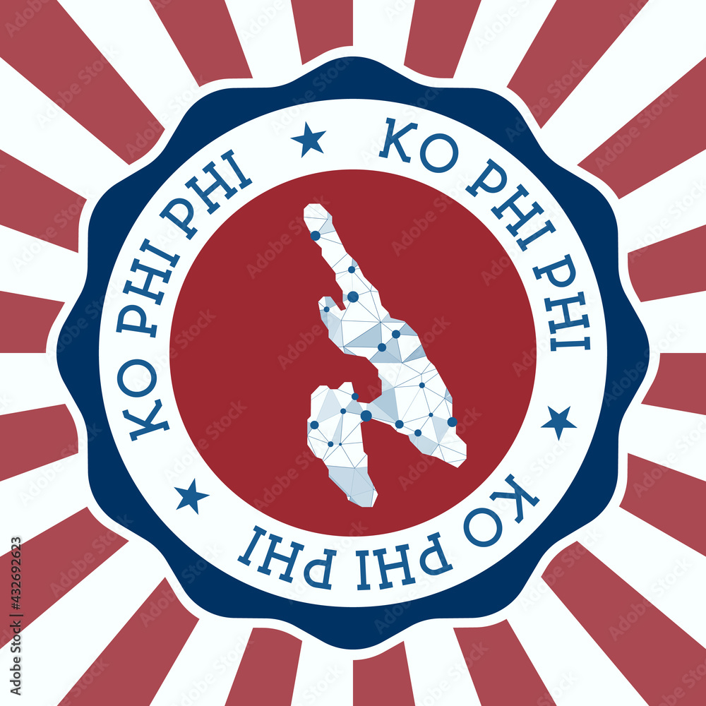 Poster Ko Phi Phi Badge. Round logo of the island with a triangular mesh map and radial rays. EPS10 Vector.