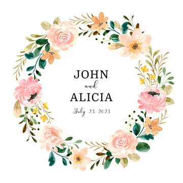 Save the date. Beautiful rose flower wreath with watercolor