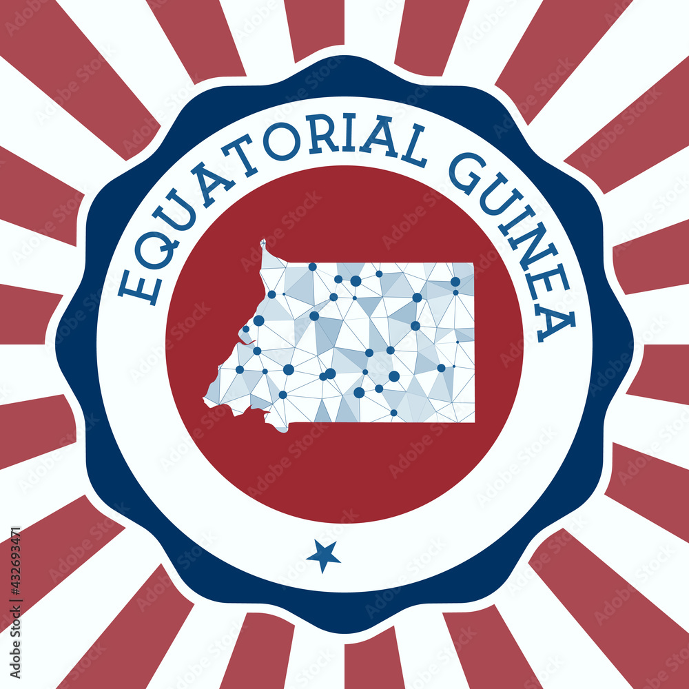 Poster equatorial guinea badge. round logo of the country with a triangular mesh map and radial rays. eps10