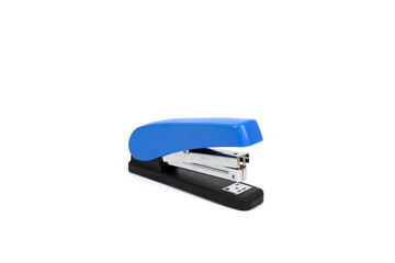 A blue stapler placed on a white background Used for stapling paper or various documents into sets for easy storage.
