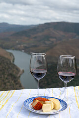 Tasting of Portuguese red dry wine, produced in Douro Valley with goat and sheep cheese and Douro river and terraced vineyards on background in autumn, Portugal