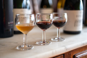 Tasting of Portuguese fortified port wine, produced in Douro Valley, North of Portugal - obrazy, fototapety, plakaty