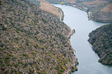 Fototapeta na wymiar View on Douro river valley with terraced vineyards and hills in autumn, North of Portugal