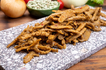 Vegetarian Shawarma meat imitation made from grains, soybeans, vegetables and legumes