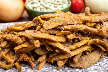 Vegetarian Shawarma meat imitation made from grains, soybeans, vegetables and legumes